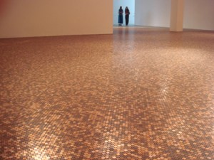 Cornford and Cross, The Abolition of Work (2007) Artists’ fee and budget in one-penny coins laid on gallery floor, Exchange Gallery, Penzance, England