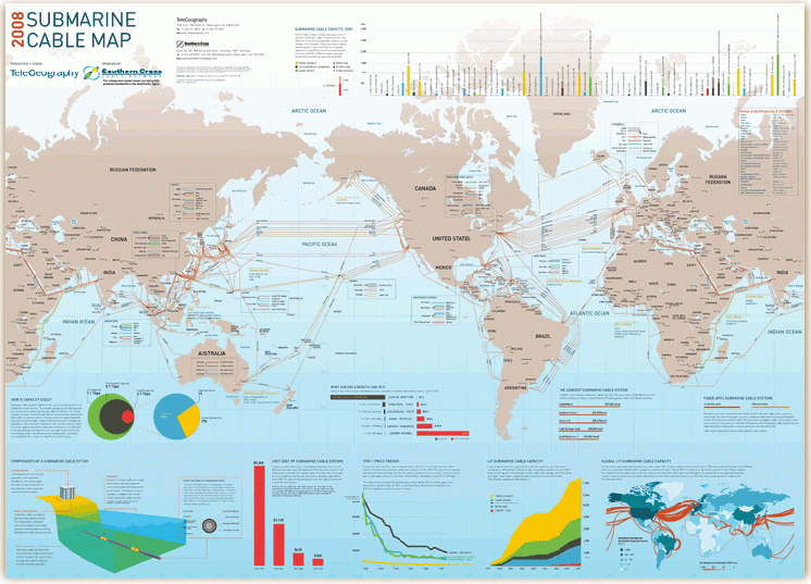 World map of current submarine communications cables, showing Cornwall as one of the main traffic hubs